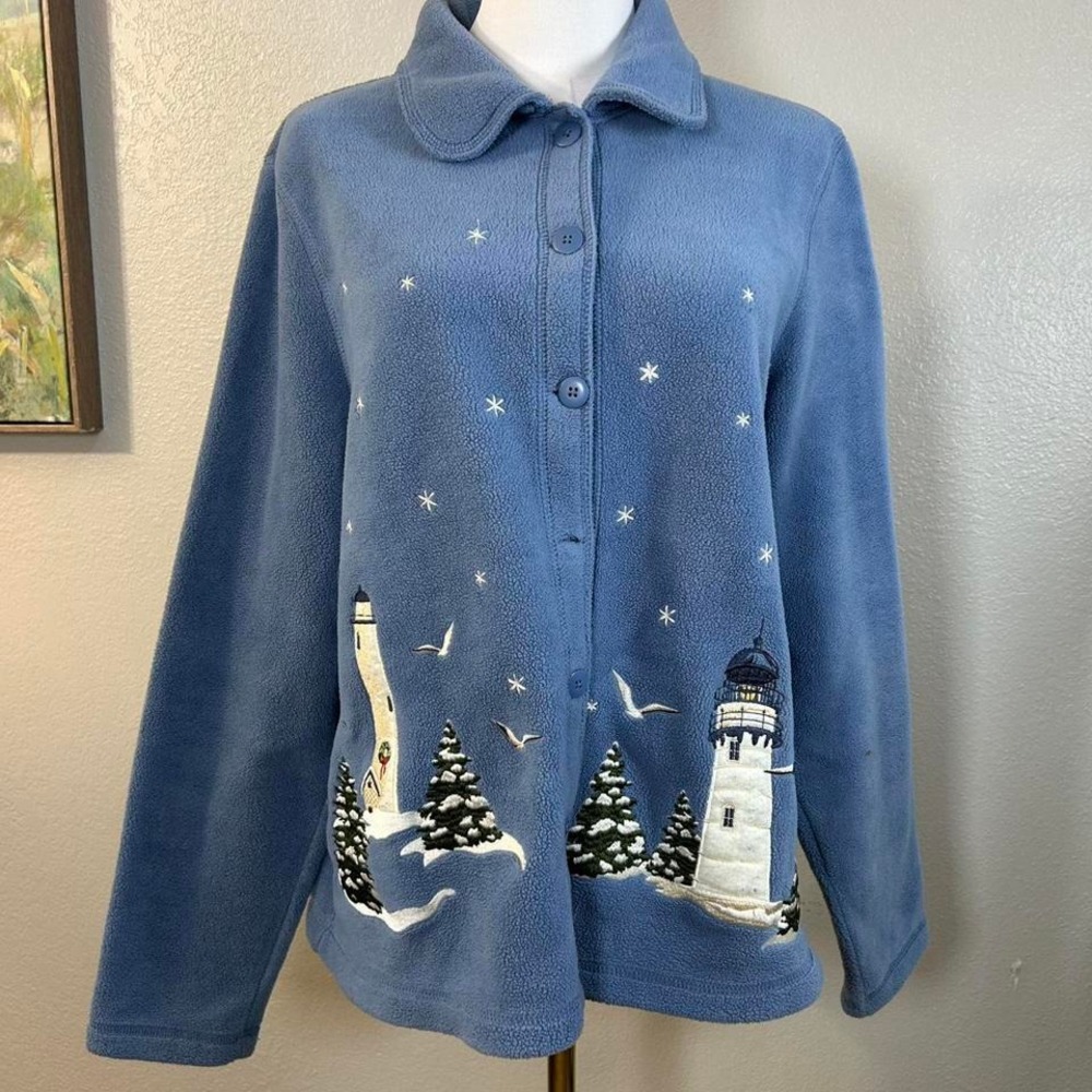 Coastal Lighthouse Winter Scene Embroidered Fleece Jacket‎ Size L